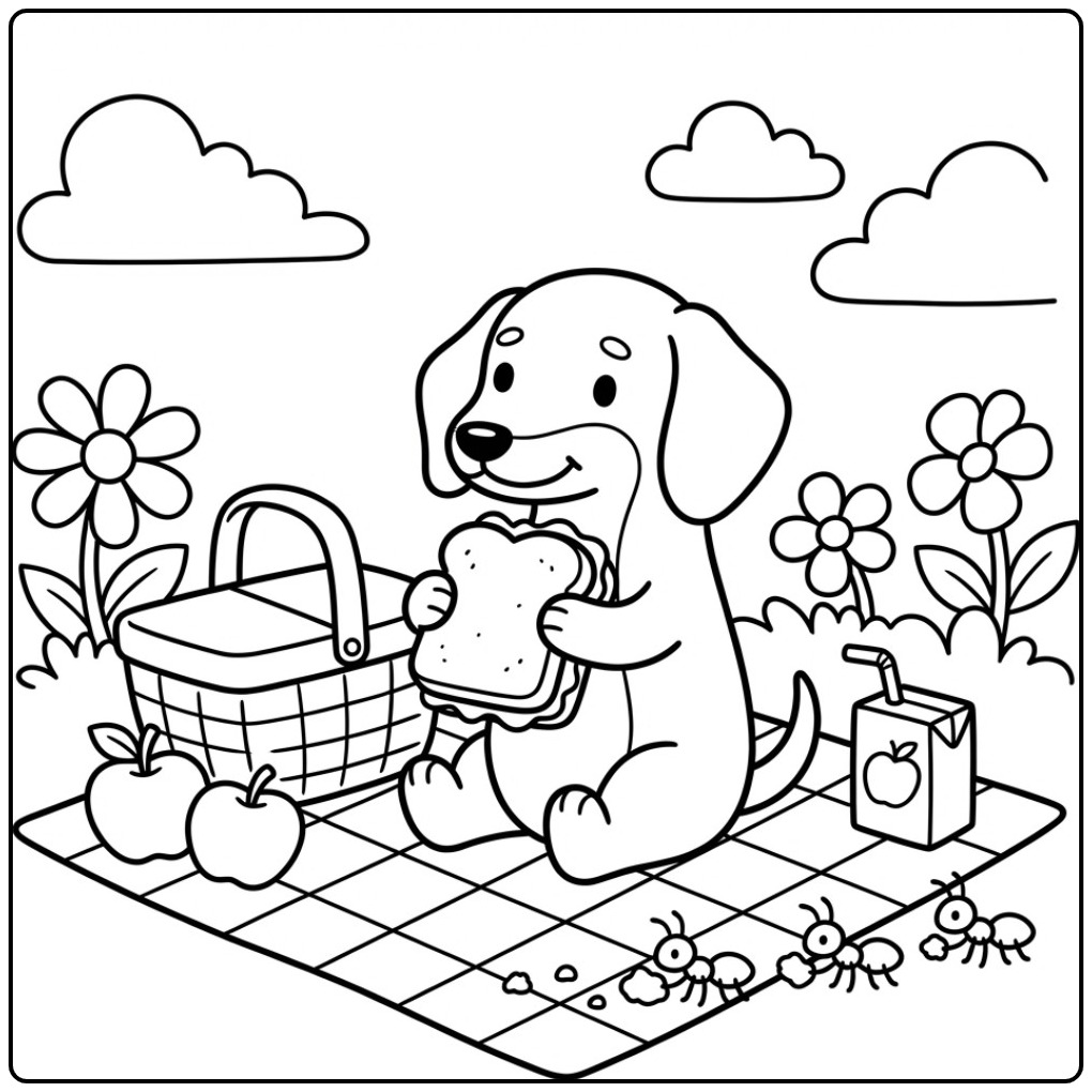 Een vrolijke kleurplaat teckel die geniet van een picknick.