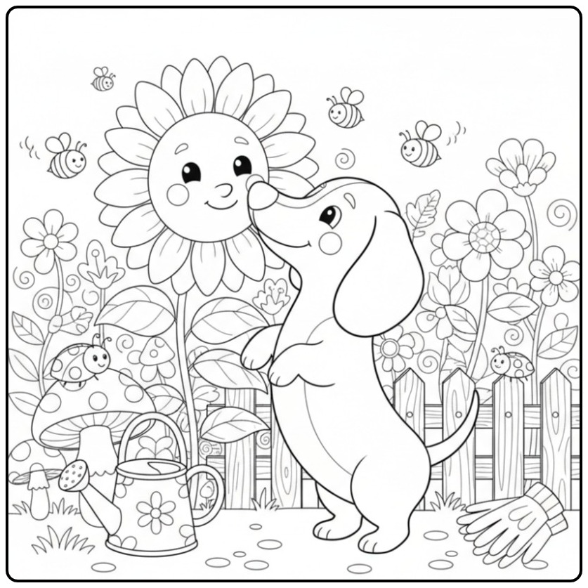 Een lieve kleurplaat teckel die een grote zonnebloem kust.