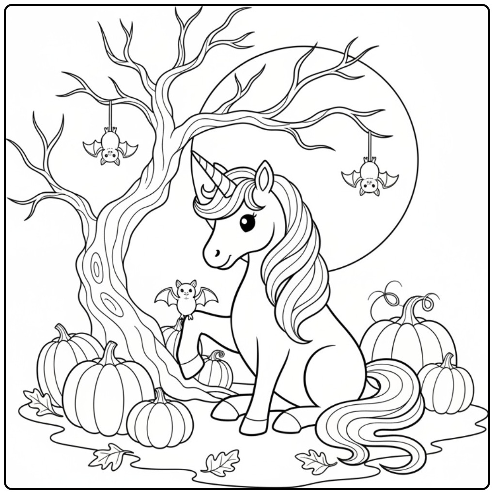 Een Kleurplaat unicorn en vleermuis voor Halloween met pompoenen.