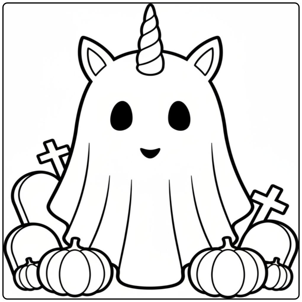 Een schattige Kleurplaat unicorn Halloween maskers als spook.