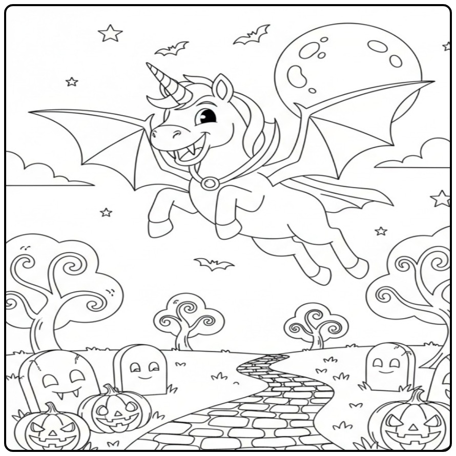 Kleurplaat unicorn heks voor Halloween: een vliegende vampier.