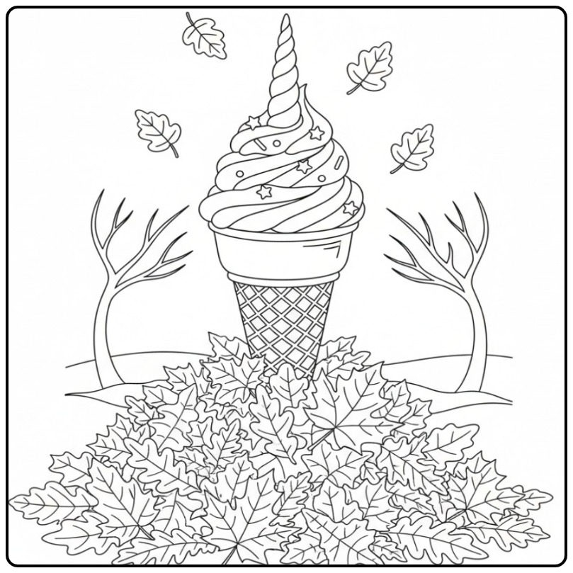 Ontdek de kleurplaat unicorn ijsje tussen de herfstbladeren.