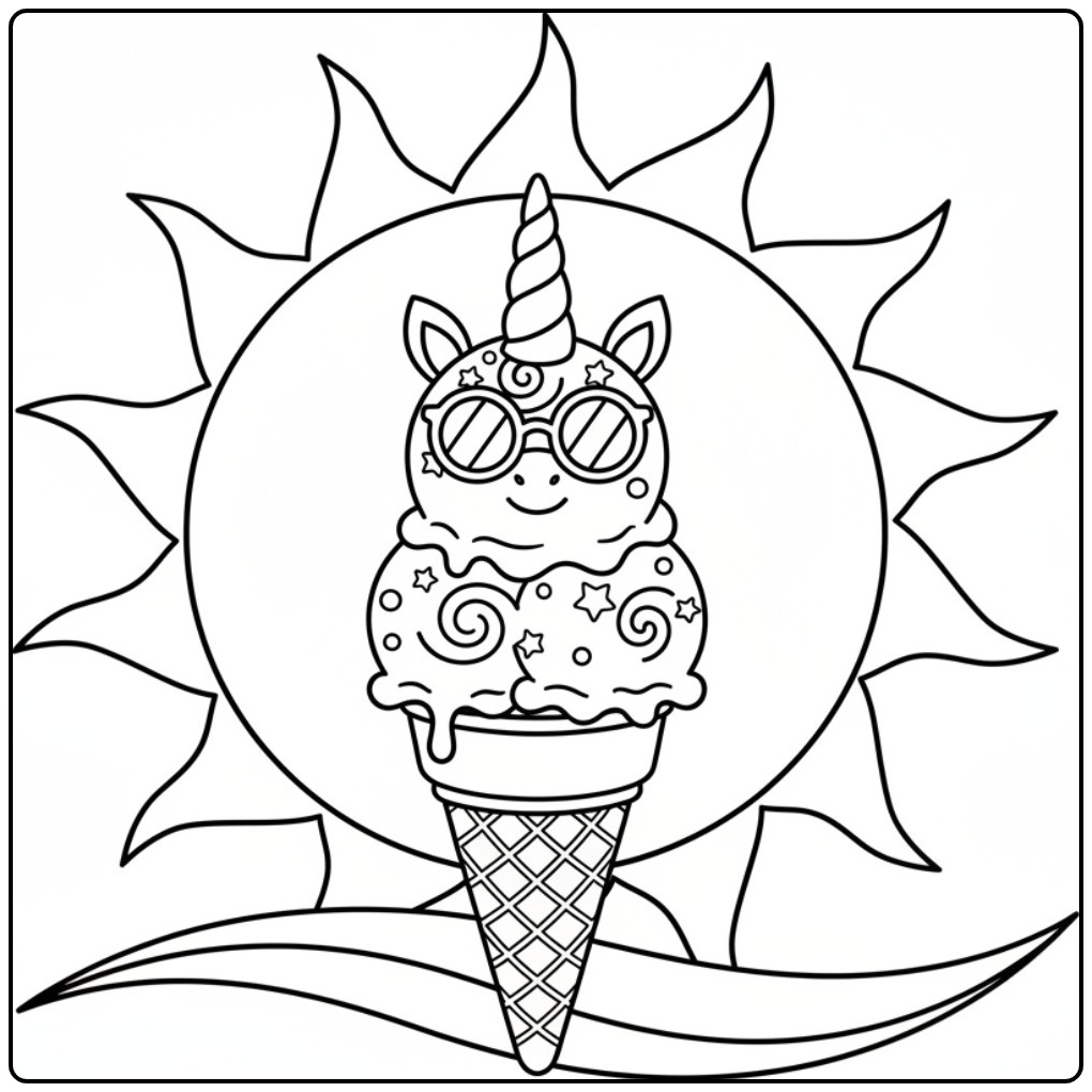 Vrolijke kleurplaat unicorn ijsje met zonnebril en zon.