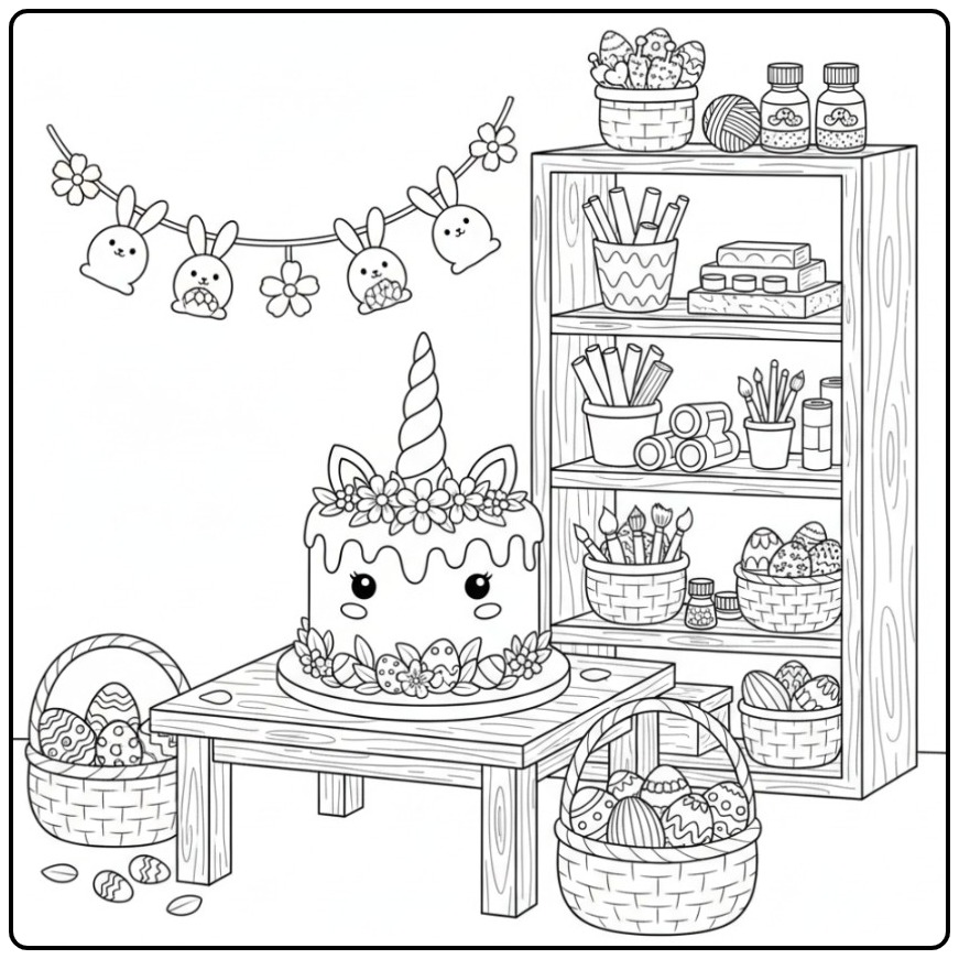 Een feestelijke Kleurplaat unicorn paas taart met eieren.