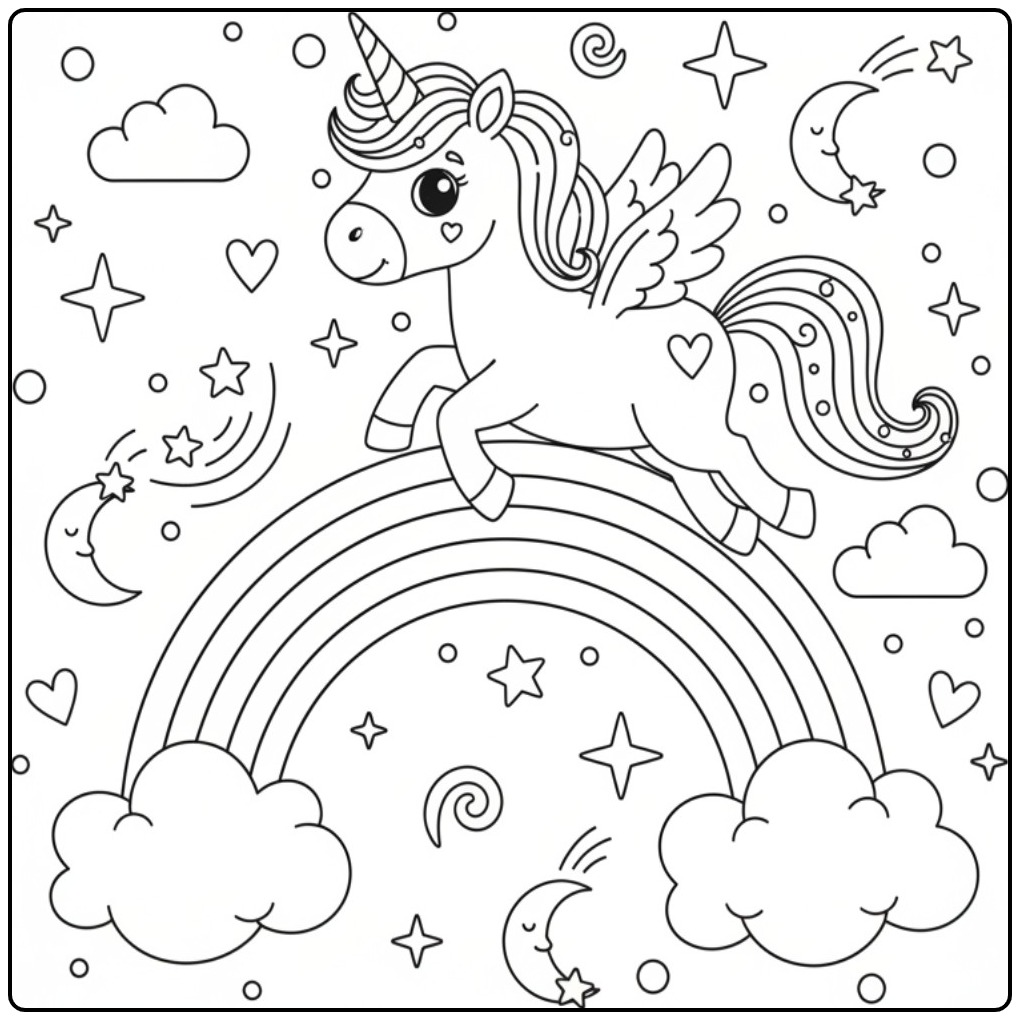 Schattige vliegende kleurplaat unicorn regenboog en sterren