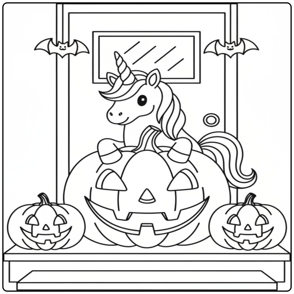 Een magische Kleurplaat unicorn spook voor Halloween pompoen.
