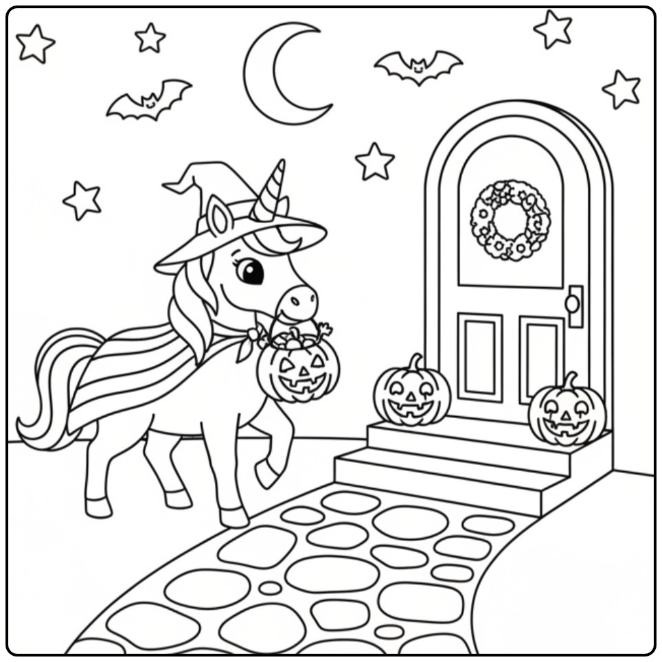 Schattige Kleurplaat unicorn trick-or-treat met pompoenen.