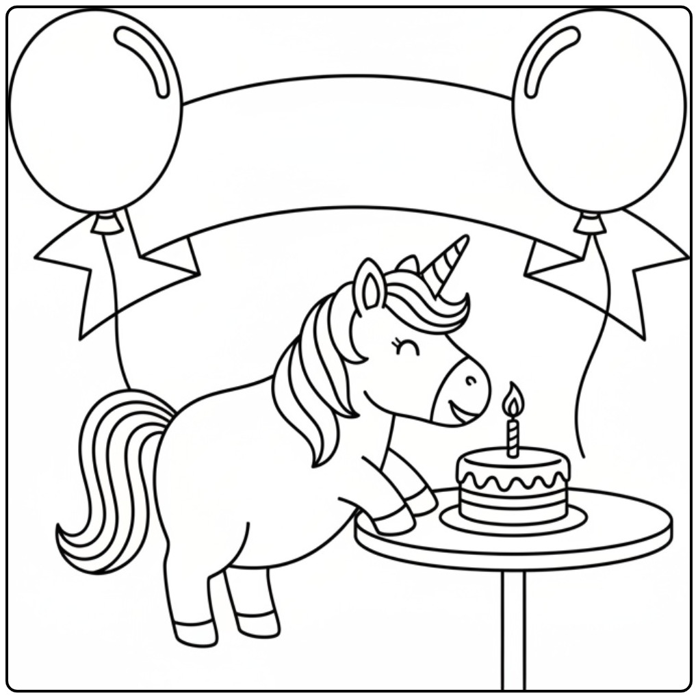 Een blije kleurplaat unicorn verjaardag met taart en ballonnen.