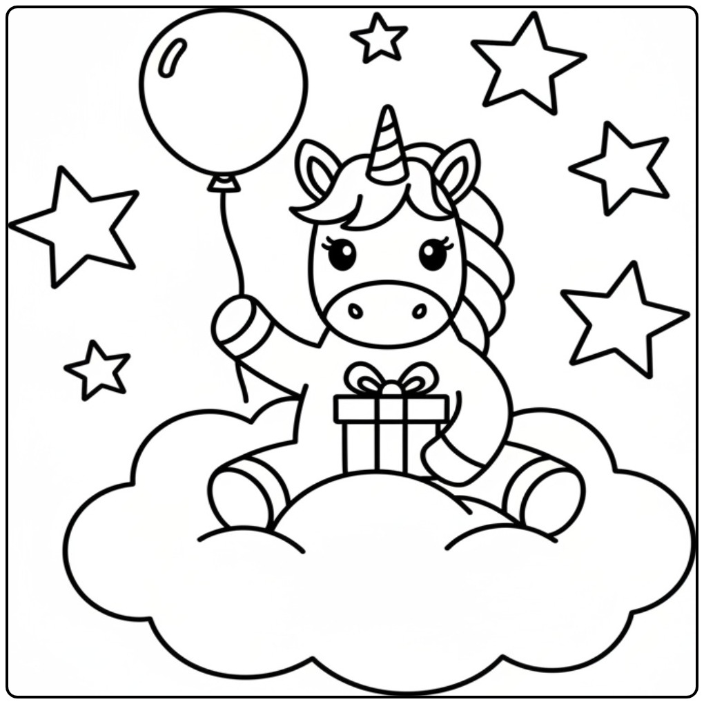 Een schattige kleurplaat unicorn verjaardag zittend op een wolk.