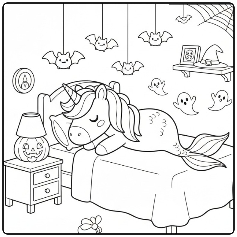 Slapende Kleurplaat unicorn zeemeermin halloween met spookjes.