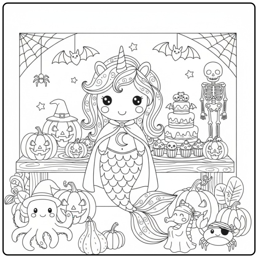 Een schattige Kleurplaat unicorn zeemeermin halloween met pompoenen.