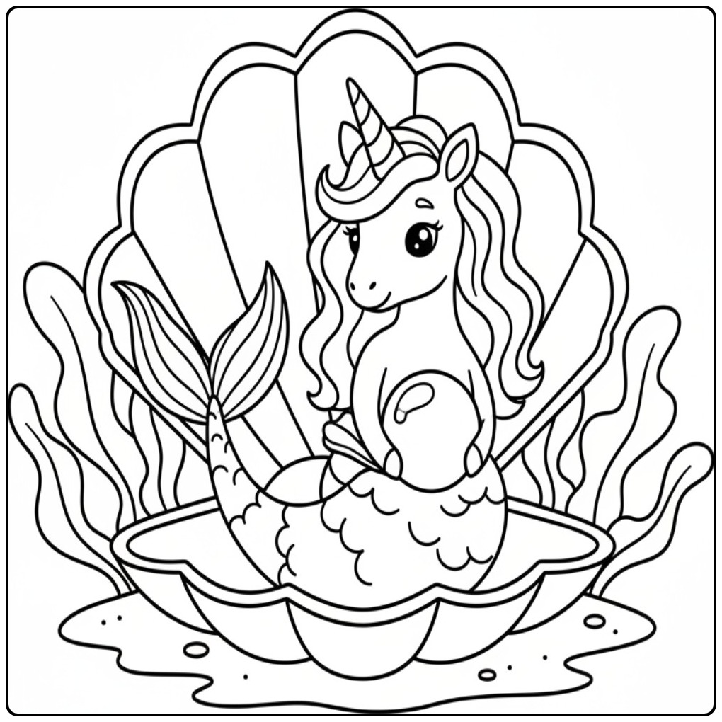Een schattige kleurplaat unicorn zeemeermin in een open schelp.