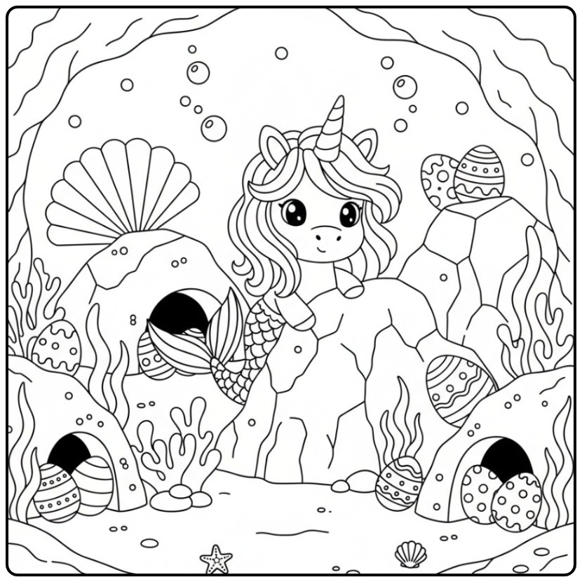 Vrolijke Kleurplaat unicorn zeemeermin met eieren paas onder water.