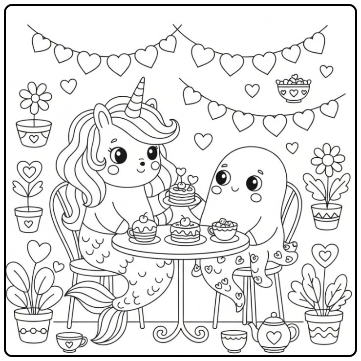 Schattige Kleurplaat unicorn zeemeermin met hartjes valentijn date.