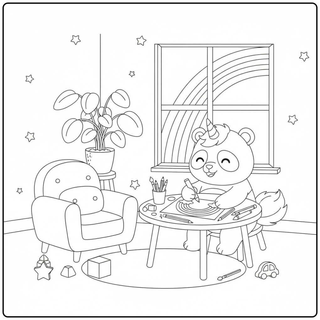 Een schattige kleurplaat unicornpanda regenboog aan tafel.