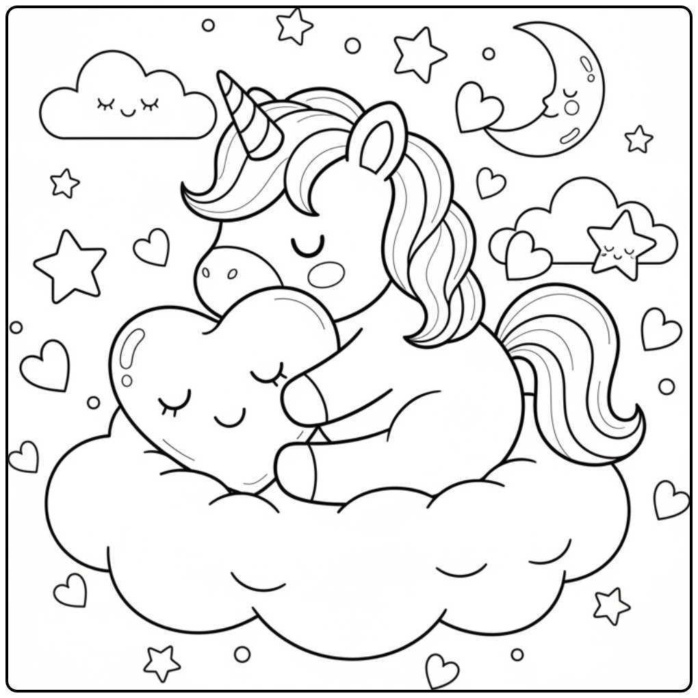 Dromerige kleurplaat van baby unicorn met hartje op een wolk.