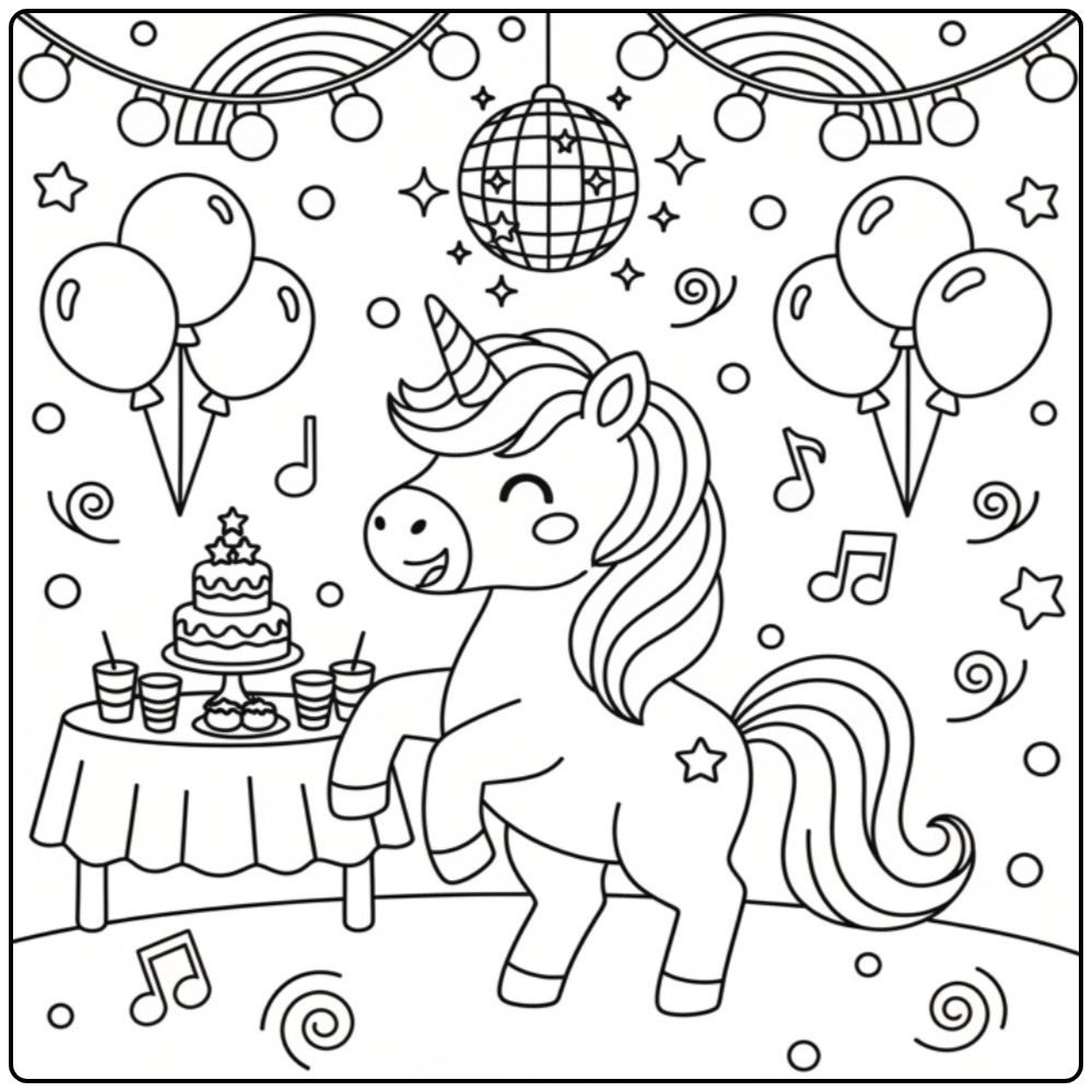 Vrolijke Kleurplaat van een unicorn en regenboog op een verjaardagsfeest.