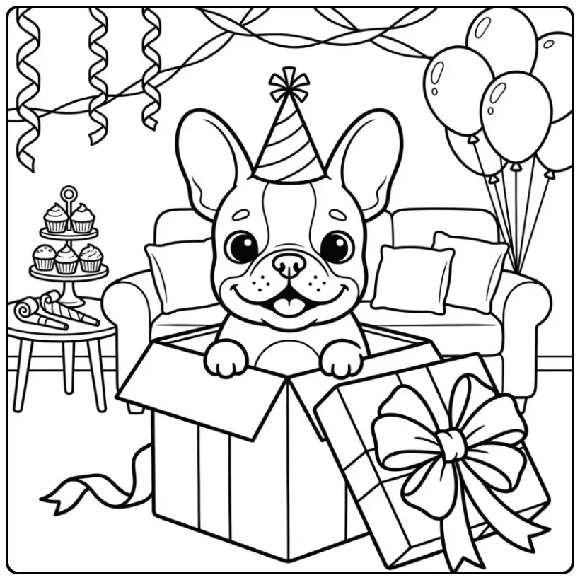 Schattige kleurplaat verjaardag hondje springt uit doos.