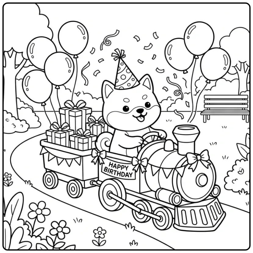 Shiba Inu kleurplaat verjaardag hondje op een feesttreintje
