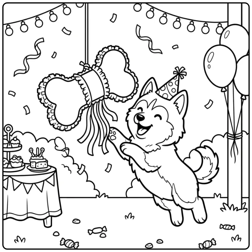 Een vrolijke kleurplaat verjaardag hondje met piñata.