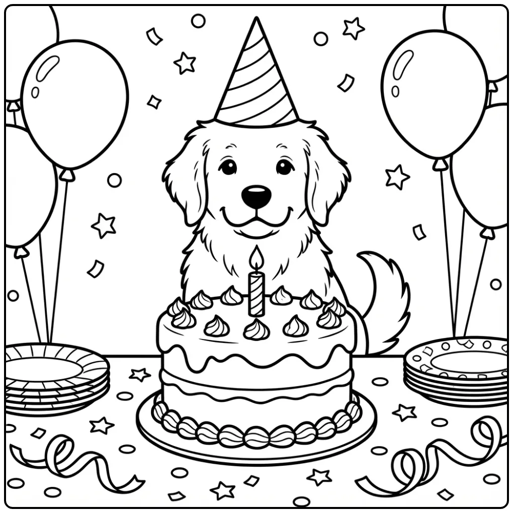 Vrolijke kleurplaat verjaardag hondje met feesthoed en taart.