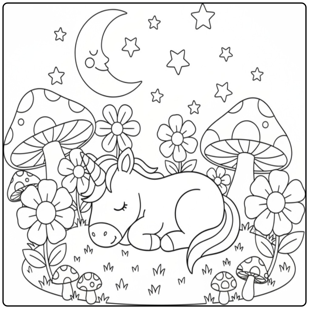 Schattige Makkelijke baby unicorn slaap kleurplaat met sterren.