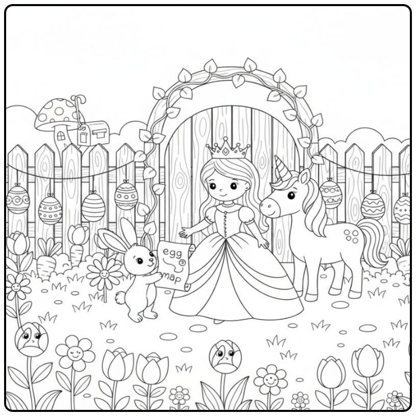 Een lieve Pasen prinses eenhoorn kleurplaat in een tuin.