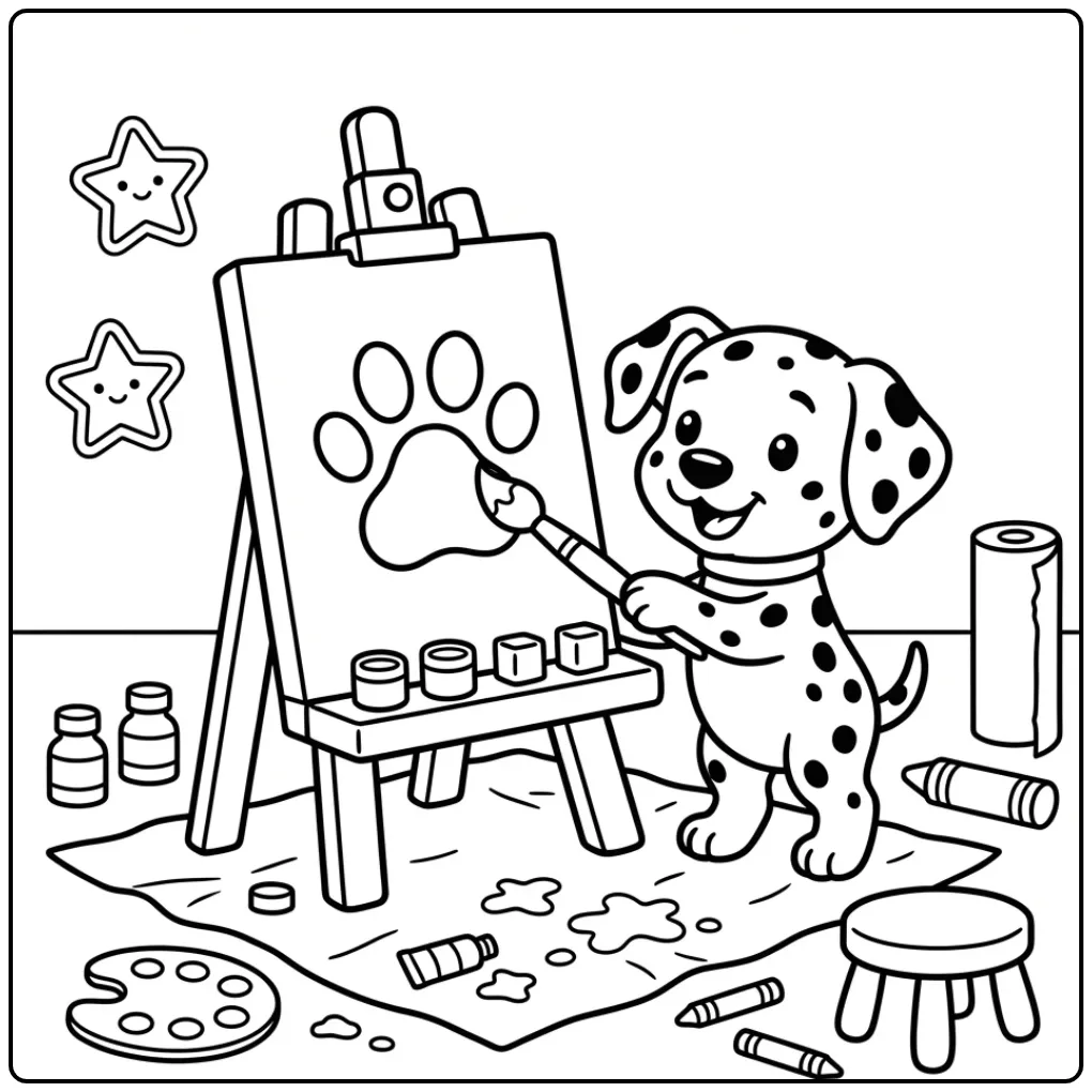 Schattige dalmatiër puppy kleurplaat makkelijk met schildersezel.