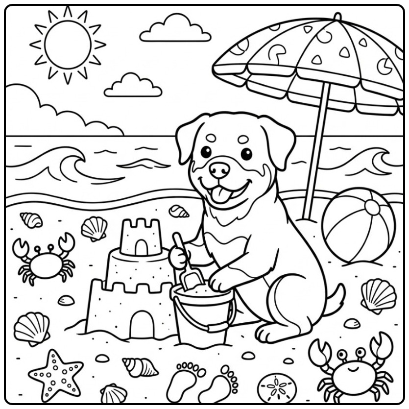 Een schattige rottweiler kleurplaat aan het strand met schelpjes.