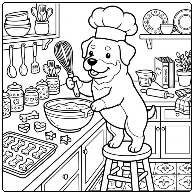 Schattige rottweiler kleurplaat van een kok met een koksmuts.