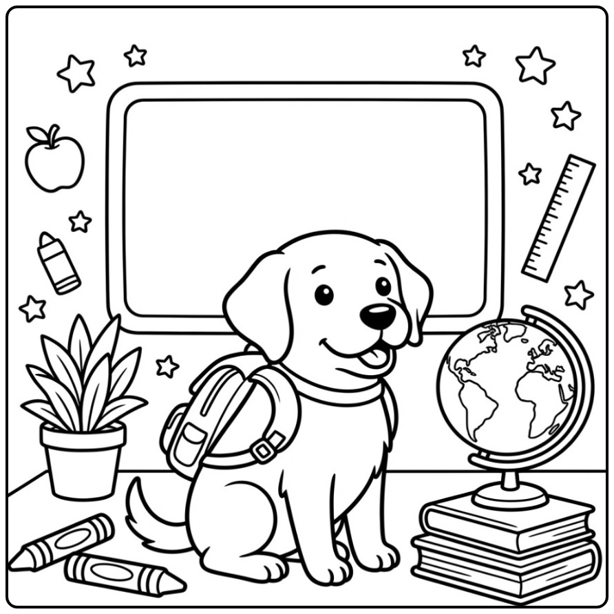 Een schattige kleurplaat labrador met een rugzak in de klas.