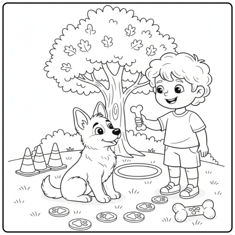 Jongen die zijn puppy traint, een kleurplaat duitse herder.