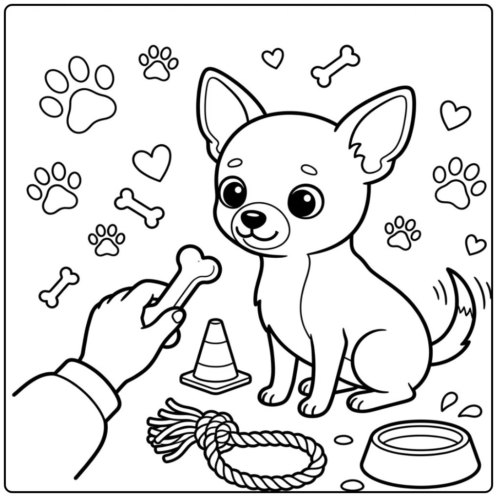 Een schattige kleurplaat chihuahua krijgt een lekkere beloning.