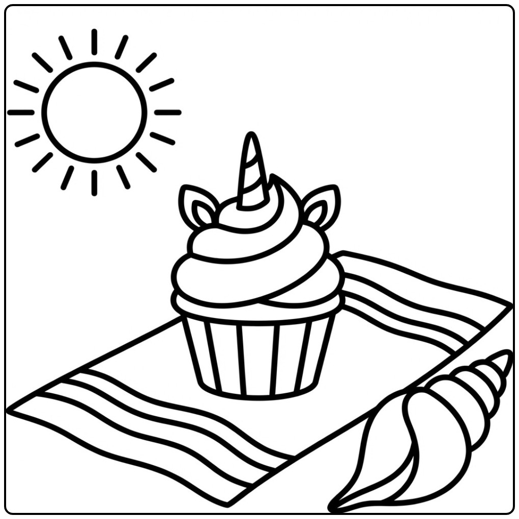 Een zonnige unicorn cupcake kleurplaat op een strandlaken.