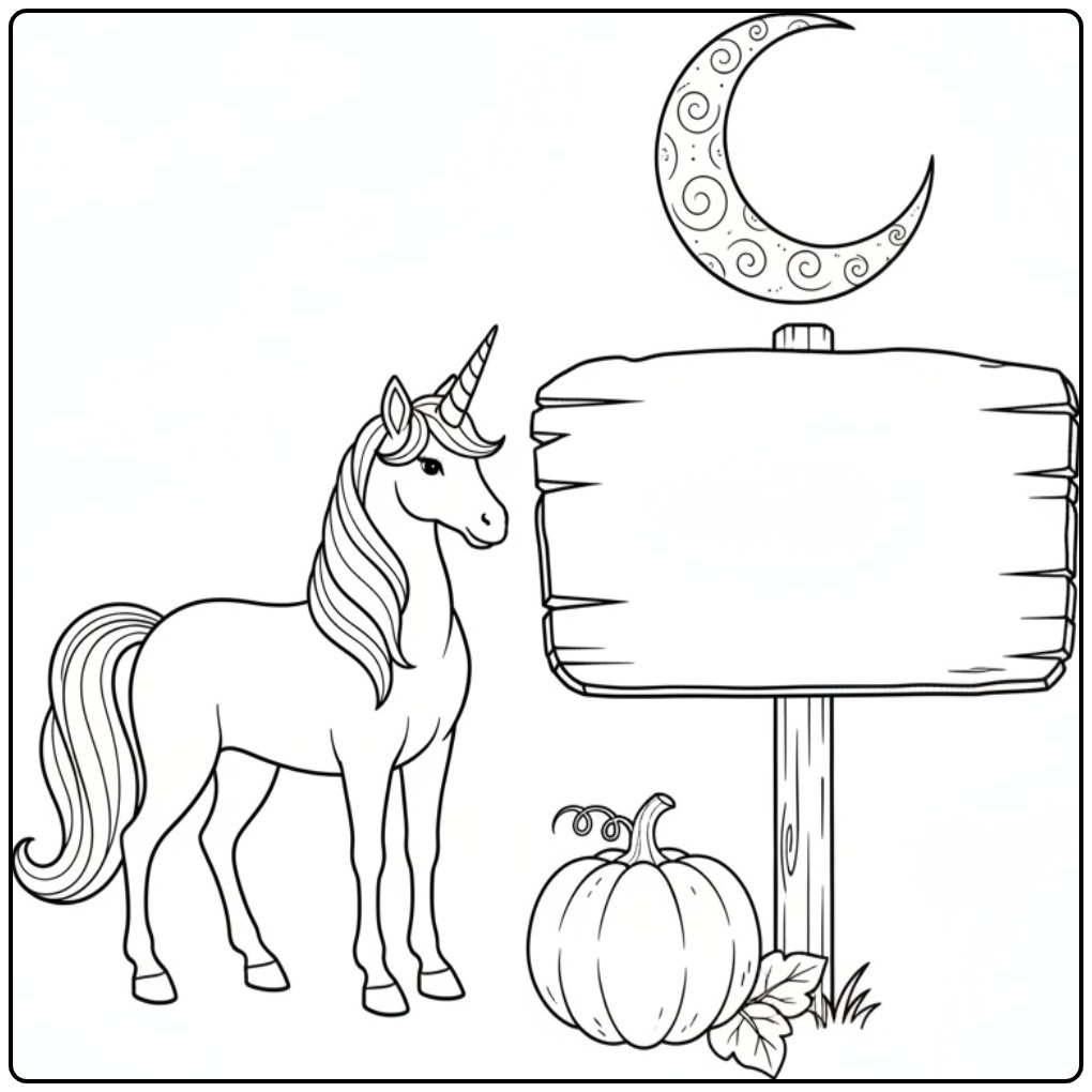Een magische unicorn halloween kleurplaat met pompoen en maan.