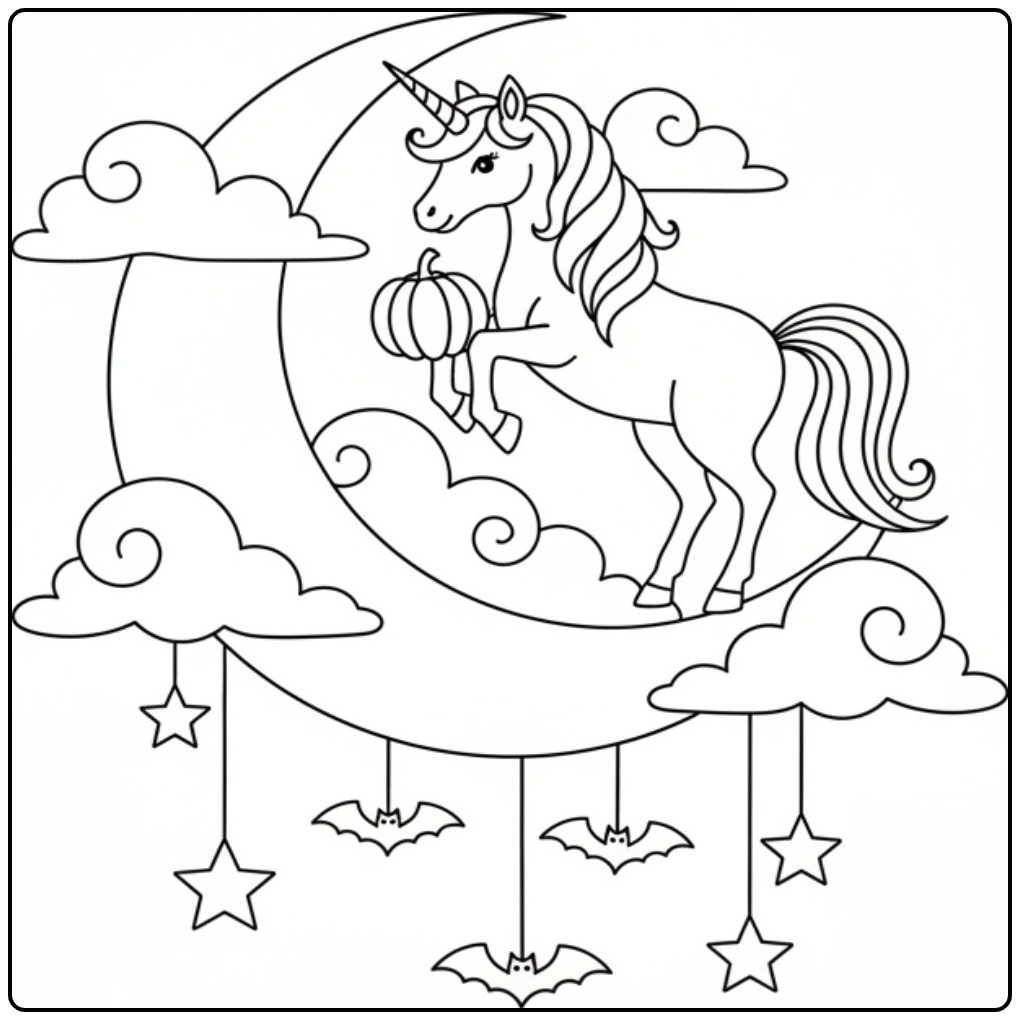 Een magische unicorn halloween kleurplaat met een pompoen.