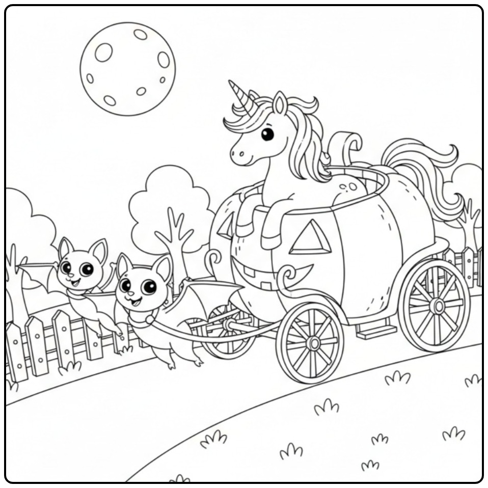 Een schattige unicorn halloween kleurplaat met een pompoenkoets.