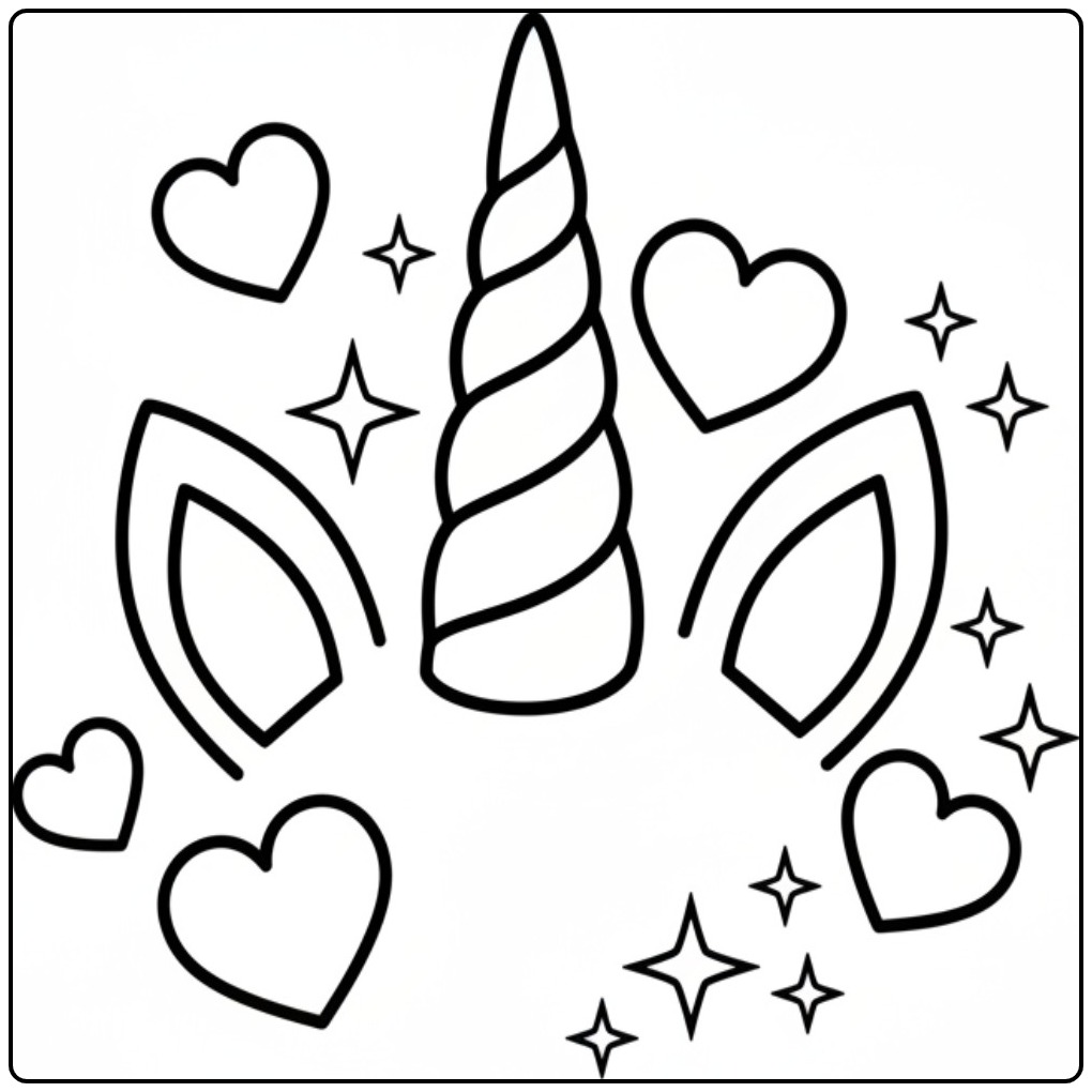 Een simpele unicorn hoorn kleurplaat met magische oren en sterren.