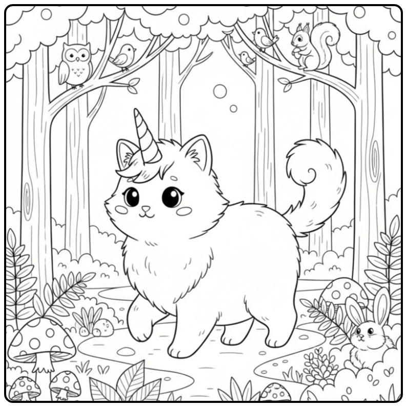 Een schattige unicorn kat kleurplaat in een magisch bos.