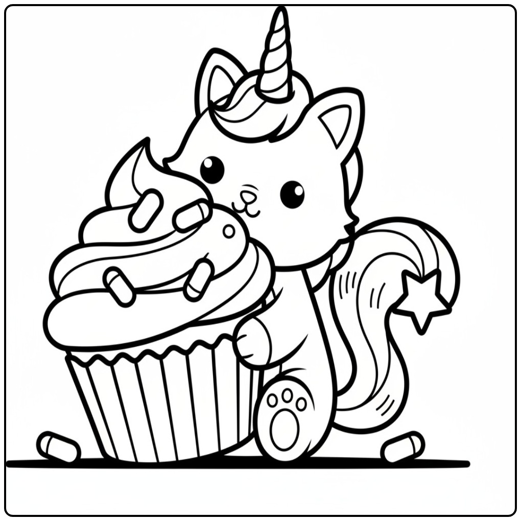 Een schattige unicorn kat kleurplaat naast een grote cupcake.