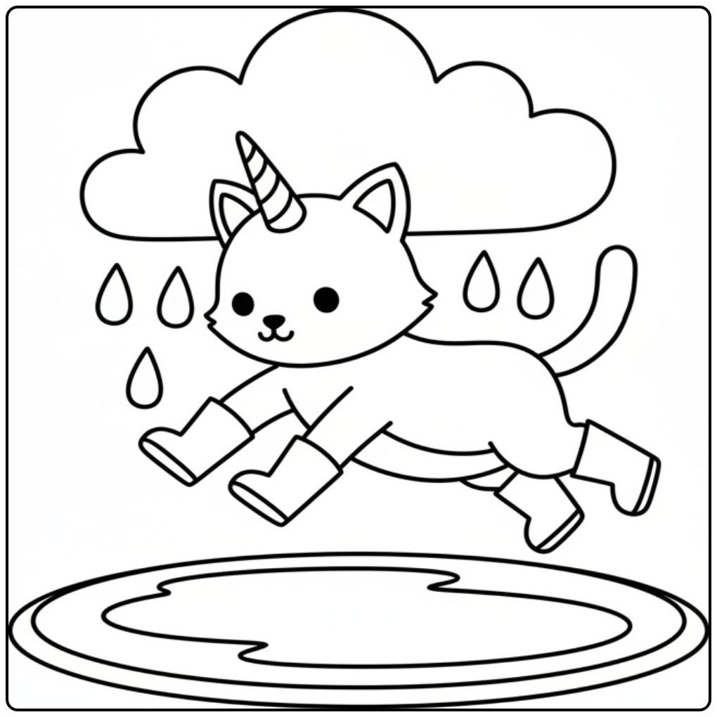 Een vrolijke unicorn kat kleurplaat die over een plas springt.