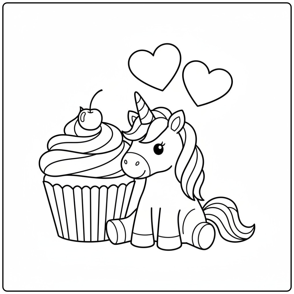 Een schattige unicorn kleurplaat makkelijk naast een cupcake.
