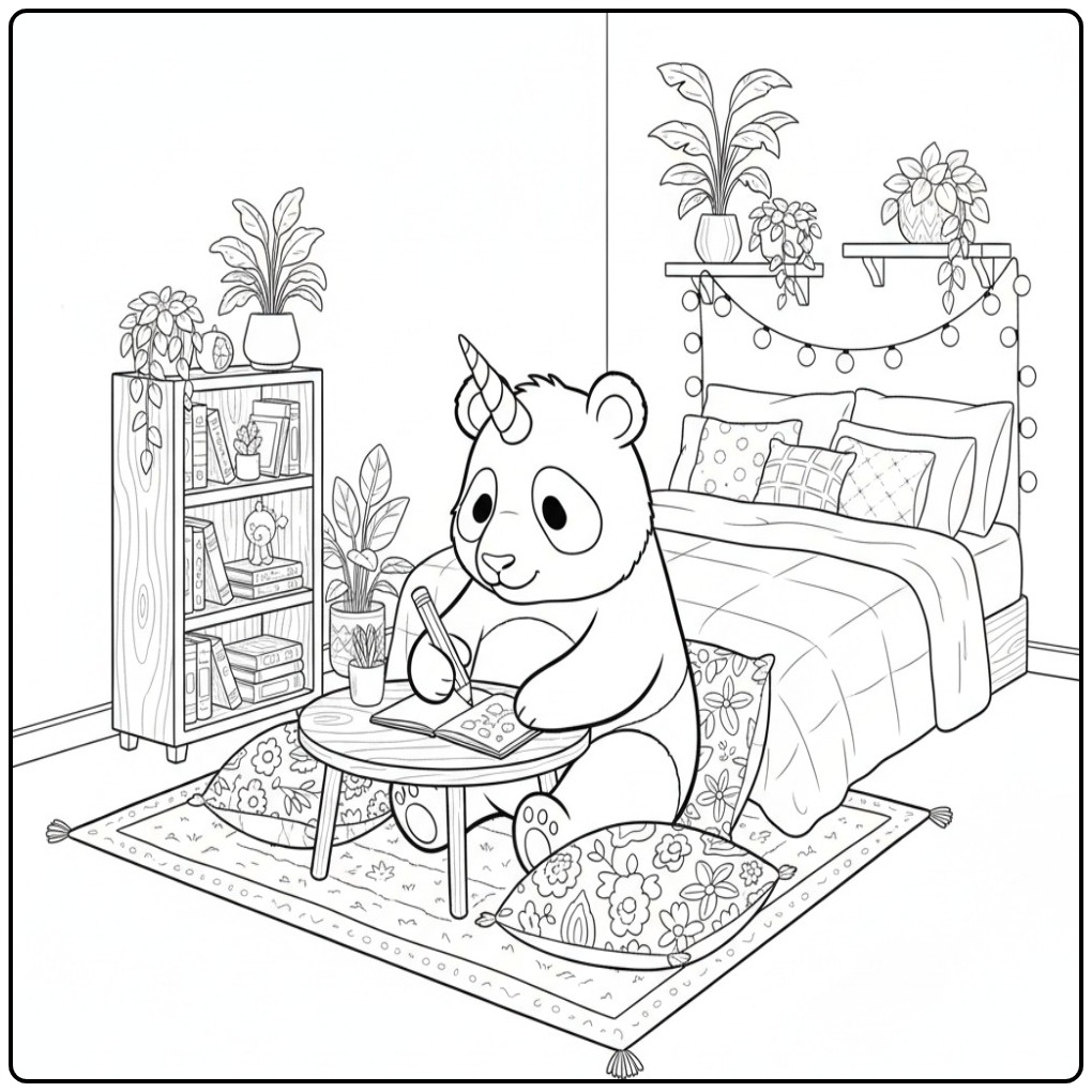 Een schattige unicorn panda kleurplaat in een gezellige kamer.