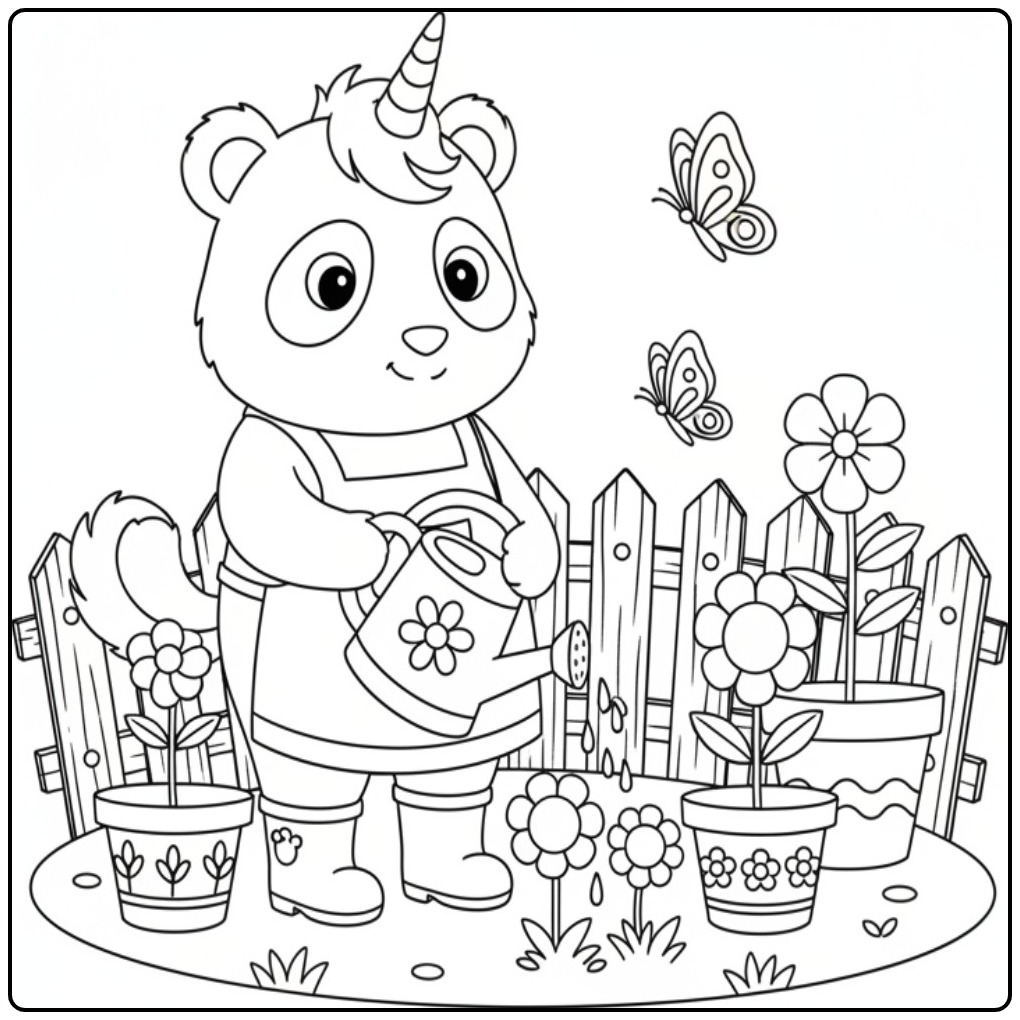 Een schattige unicorn panda kleurplaat die bloemen water geeft.