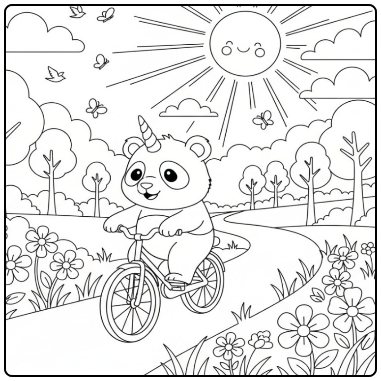 Een schattige unicorn panda kleurplaat van een dier op een fiets.