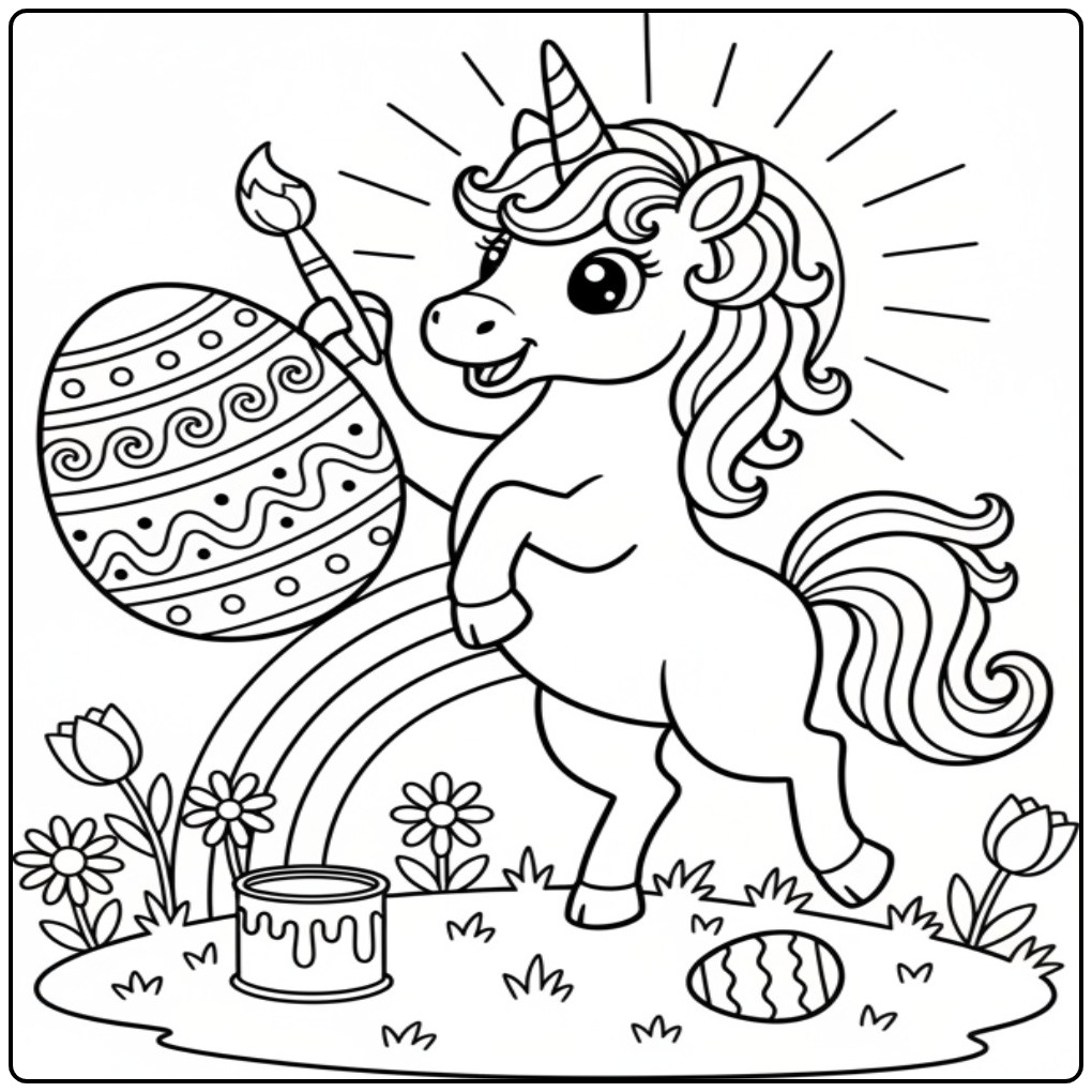 Eenhoorn schildert eieren! Kleurplaat unicorn die paaseieren schildert.
