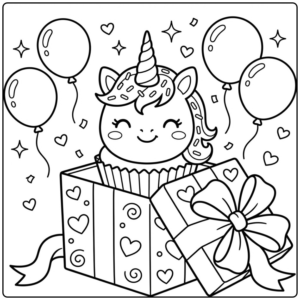 Vrolijke Valentijn eenhoorn cupcake kleurplaat als verrassing.