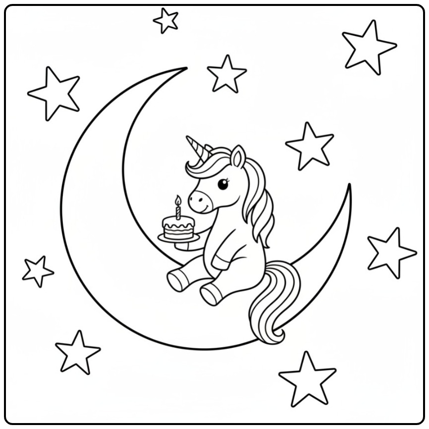 Een schattige verjaardag taart kleurplaat eenhoorn op de maan met sterren.