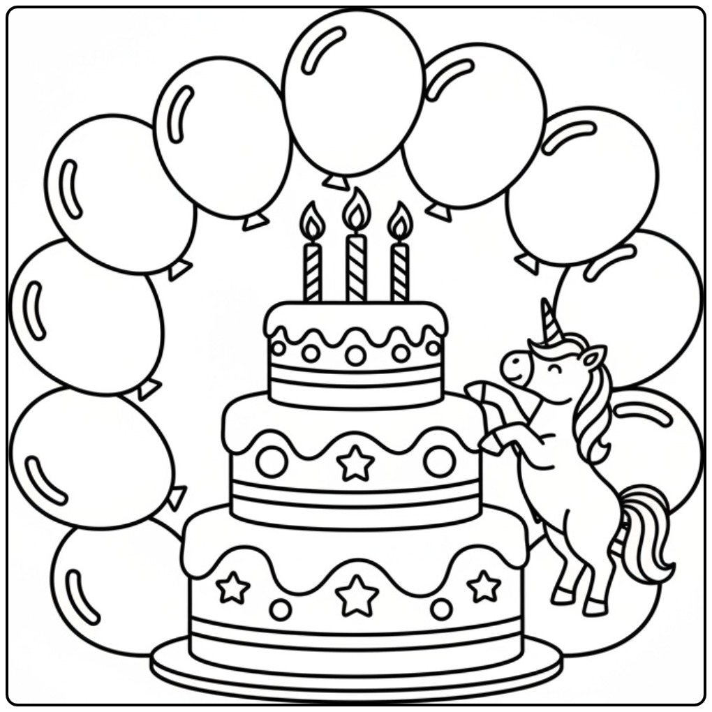 Een feestelijke verjaardag taart kleurplaat eenhoorn met ballonnen en kaarsjes.
