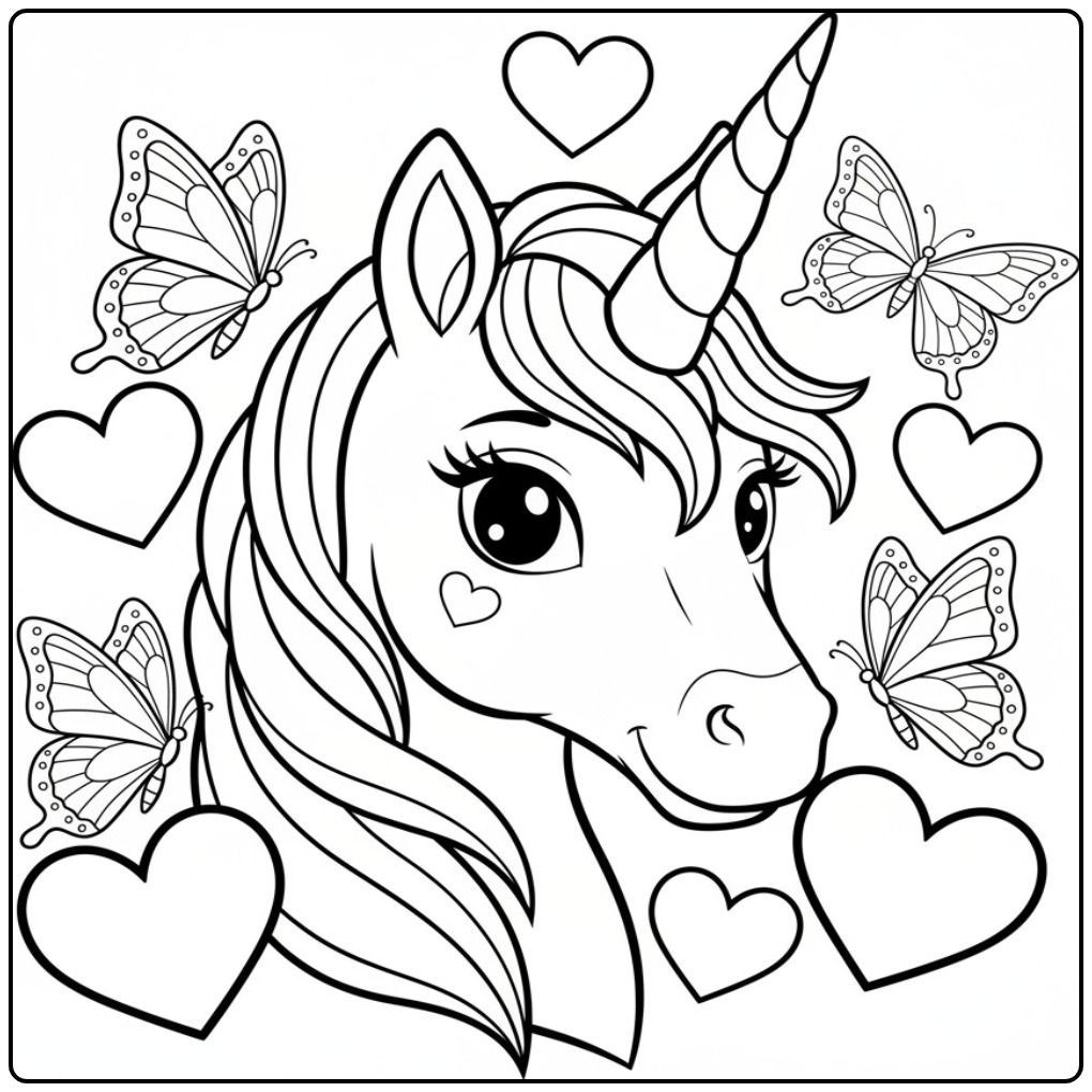 Een magische vlinders kleurplaat unicorn met harten en vlinders om in te kleuren.